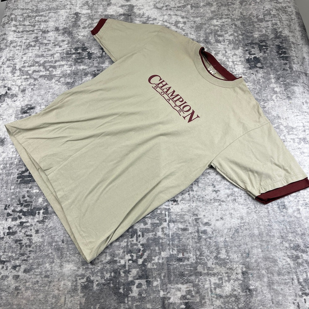 Vtg Champion Boats Graphic Tee XL Beige Red 100% Cotton Boating Americana